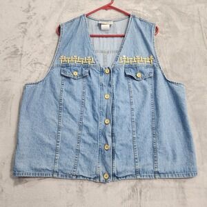 Vintage Delta Burke Vest Womens 18W Blue Gold Denim Rhinestone Beaded Western